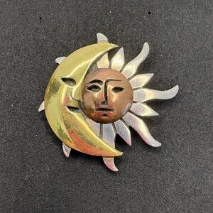 (163)Vintage copper/Brass Sterling Silver Sun and Moon Brooch and Pendant!